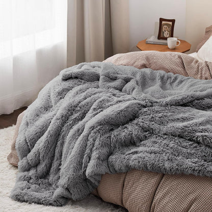 Bedsure GentleSoft Fluffy Grey Blankets Queen Size for Bed, Thick Sherpa Faux Fur Fleece Fuzzy Plush Winter Warm Heavy Soft Queen Blankets, Bedroom Decor Grey Gifts Cozy Gifts for Women Men, 90x90