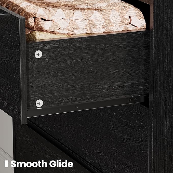 48" Tall Black Dresser for Bedroom, Modern 5 Drawer Chest of Drawers with Wood Grain Finish, Slim Vertical Storage Cabinet with Raised Edge Top, Anti-Tip Kit