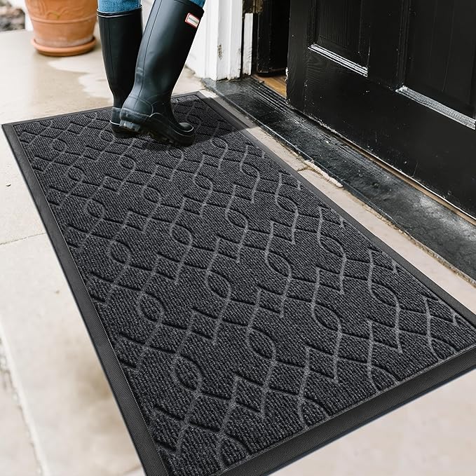 Yimobra Large Door Mat 47x24, All-Season Waterproof Doormat Outdoor Entrance, Heavy Duty Non-Slip Outside Door Mat for Garage Patio Proch Entryway Indoor, Easy Clean, Black Gray