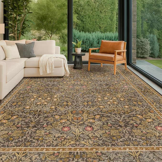 Washable 10x14 Living Room Rug - Brown Oriental Large Area Rug for Dining Room Under Table, Low Pile Non-Slip Floor Carpet for Bedroom Under Bed - Vintage Taupe Design & Stain Resistance