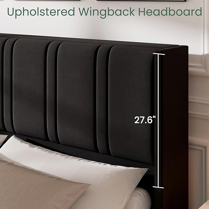LARMACE Queen Size Bed Frame with 4 Storage Drawers and Wingback Headboard Velvet Upholstered Platform Bed Frame with Wooden Slats, Easy Assembly, Black