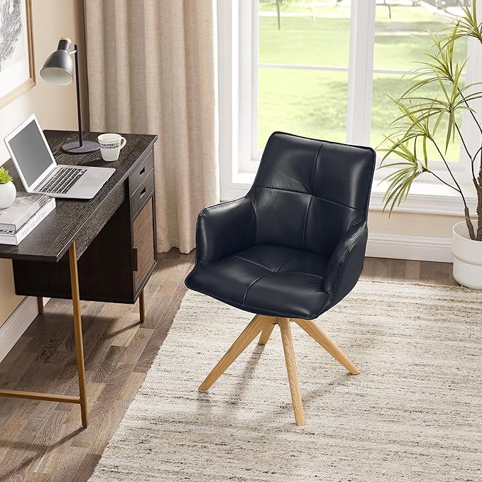 Art Leon Desk Chair Without Wheels - Mid Century Modern Swivel Office Chair, Genuine Leather Upholstered Accent Chair with Oak Wood Legs for Small Space Living Room Bedroom, Set of 2, Black Blue