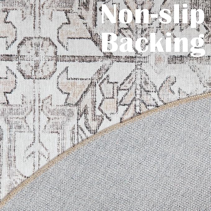 jinchan Lima Round Rug 4ft Vintage Machine Washable Area Rug Indoor Circle 4' Ultra-Thin Non-Slip Floral Print Carpet for Farmhouse Entryway Dining Room Living Room Bedroom Office (4'Round, Taupe)