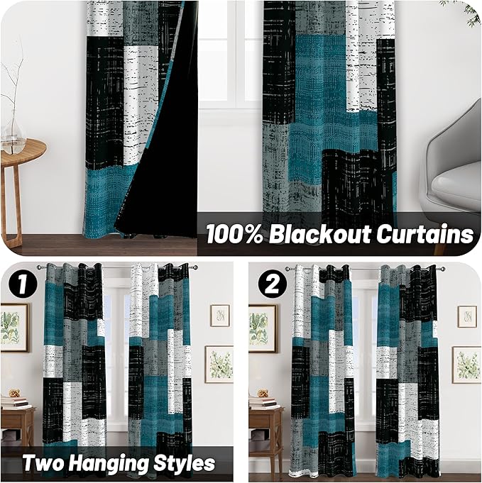 Rustic Blue Grey 100% Blackout Curtains for Bedroom 96 inch Long 2 Panels Set Gray Modern Abstract Geometric Black Out Curtains Insulated Room Darkening Window Drapes for Living Room, 52Wx96L
