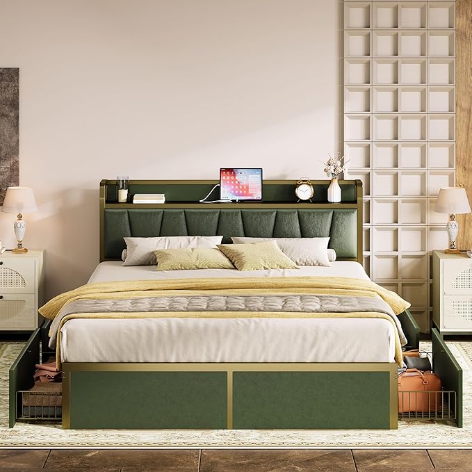 LIKIMIO Queen Bed Frame with 4 Storage Drawers, Platform Bed with Charged Headboard, Sturdy and Stable, No Noise, No Box Spring Needed, Easy to Install, Dark Green