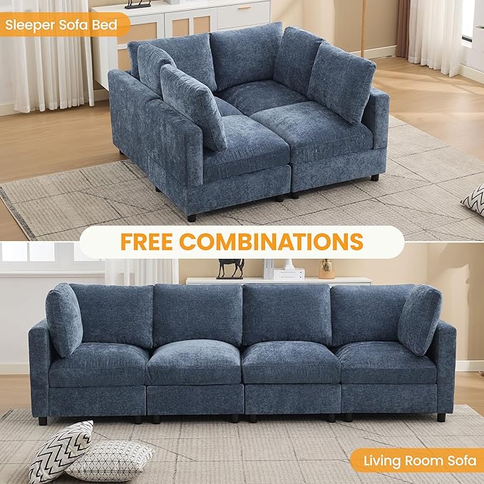 116'' 4-Seater Modular Sectional Cloud Sofa, Straight-Line Couches for Living Room, Modern Upholstered Deep Seat Sofa, Chenille Blue