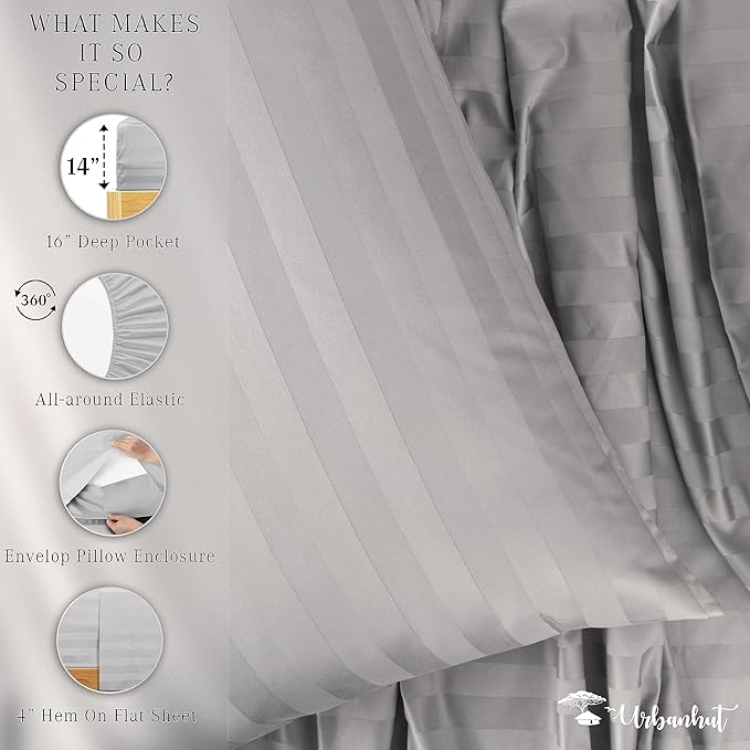 URBANHUT 800 Thread Count 100% Cotton Damask Twin Size Sheets, 4 Piece Striped Twin Size Bedsheets, Luxury Hotel Sheets Sateen Weave - Better Than Egyptian, 14" Elasticized Deep Pocket- Silver Grey