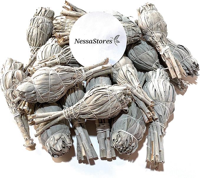 NessaStores 6 California White Sage Smudge Sticks, 3 to 4 Inch Hand Tied, All Natural for Home Cleansing, Stress Relief, & Clearing Negative Energy JC-005