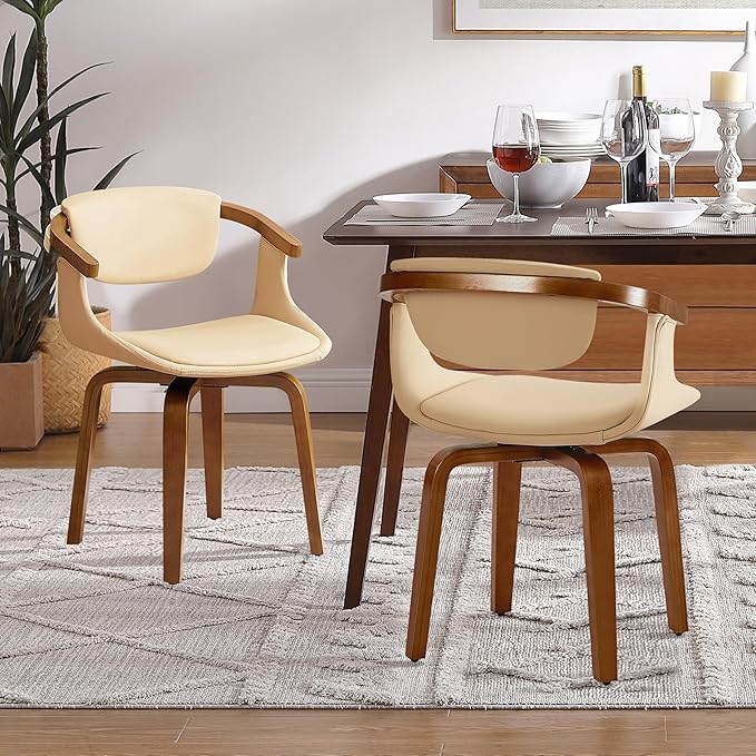 Art Leon Dining Room Chairs - Mid Century Modern Faux Leather Swivel Dining Chairs with Arms, Desk Chairs No Wheels, Set of 2, Cream