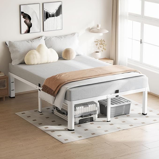 12 Inch White King Size Bed Frame, 3500Lbs Heavy Duty Metal Platform with Round Corner Legs Mattress Slide Stopper, Steel Slat Support No Box Spring Needed, Noise Free, Non-Slip, Easy Assembly