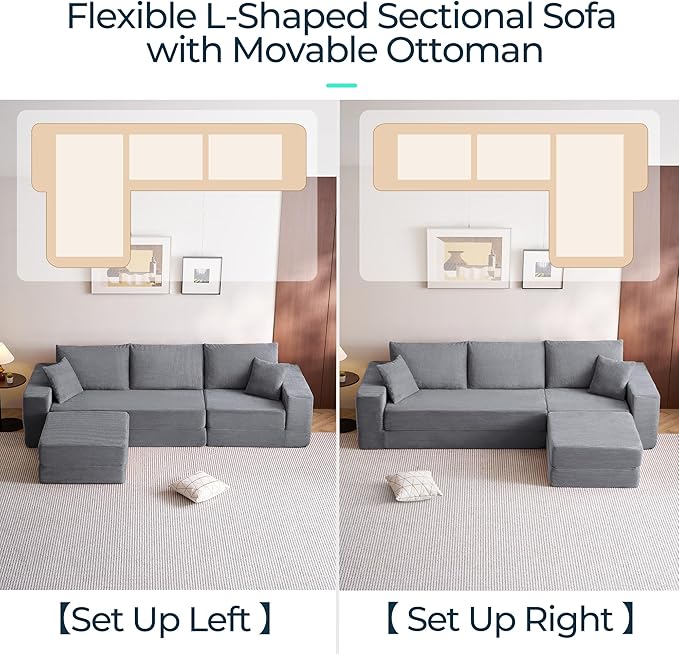 LINSY HOME Convertible Sofa Bed with 2 Pillows & Ottoman, Boneless Couch Folding Modular Sectional Sleeper Sofa, L Shaped Sofas Corduroy Couch Bed Compression Sofa for Living Room Apartment, Grey