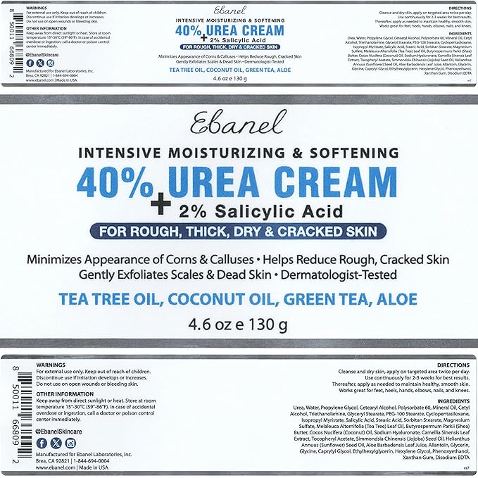 Ebanel Urea Cream 40% plus Salicylic Acid 2%, Foot Cream for Dry Cracked Heels Feet Knees Elbows Hands, Foot Dead Skin Cuticle Callus Remover Toenail Softener, Keratolytic Skin Barrier Repair, 2-Pack