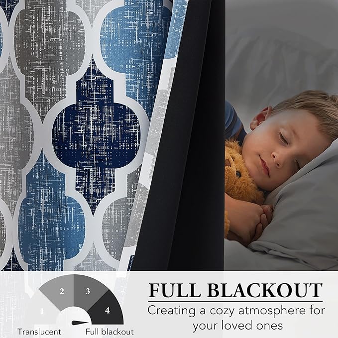 Beauoop 100% Blackout Curtains 84 Inches Long 2 Panels for Bedroom Living Room Blue Grey Moroccan Geo Room Darkening Thermal Insulated Soundproof Rod Pocket Back Tab Window Treatments Drapes, 50x84