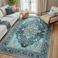Area Rugs 5'x8' Washable Non-Slip, Floral Vintage Distress Print Pattern Medallion Carpet for Living Room Bedroom Dining Room, Teal Green Lake Blue Turquoise