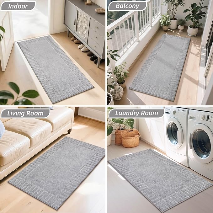 BEQHAUSE Door-Mat-Non-Slip Dirt Trapper Door Mats Low-Profile Front Door Mat Absorbent Floor Mats for Entryway Washable Mud Resistant Home Entrance Doormat, Light Grey, 24"x60"