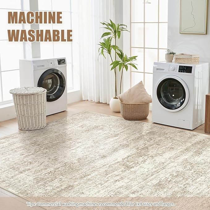 Area Rug Living Room Rugs - 5x7 Abstract Large Soft Indoor Washable Rug Neutral Modern Low Pile Carpet for Bedroom Dining Room Farmhouse Home Office - Vintage Beige