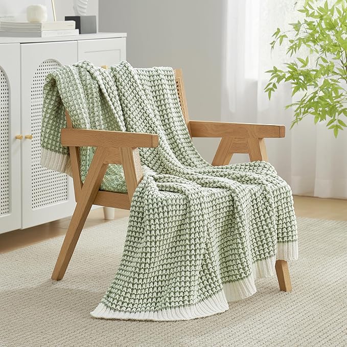 Amélie Home Waffle Chenille Throw Blanket for Couch, Pineapple Stitch Knit Soft Cozy Knit Blanket Decorative Throw for Sofa, Chair, 60 * 80", Sage Green&Ivory