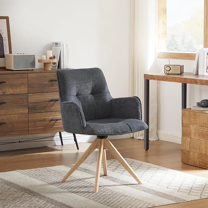 Art Leon Swivel Office Chair - Mid Century Modern Desk Chair No Wheels, Fabric Upholstered Accent Chair with Oak Wood Legs for Small Space Living Room Bedroom, Set of 2, Dark Gray