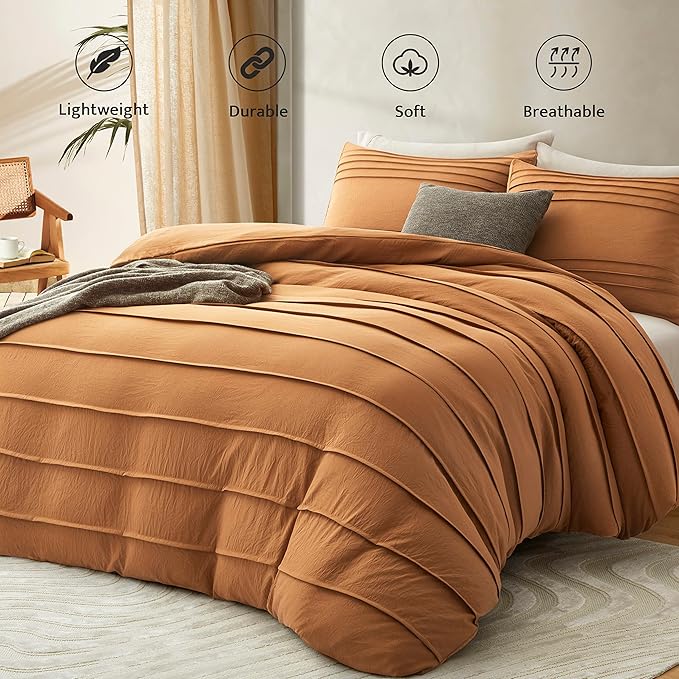 Oli Anderson Pumpkin Brown Duvet Cover King Size - Pleated King Duvet Cover, 3PCS Soft and Breathable Textured Bedding Set with Zipper Closure(Pumpkin Brown,104"x90")