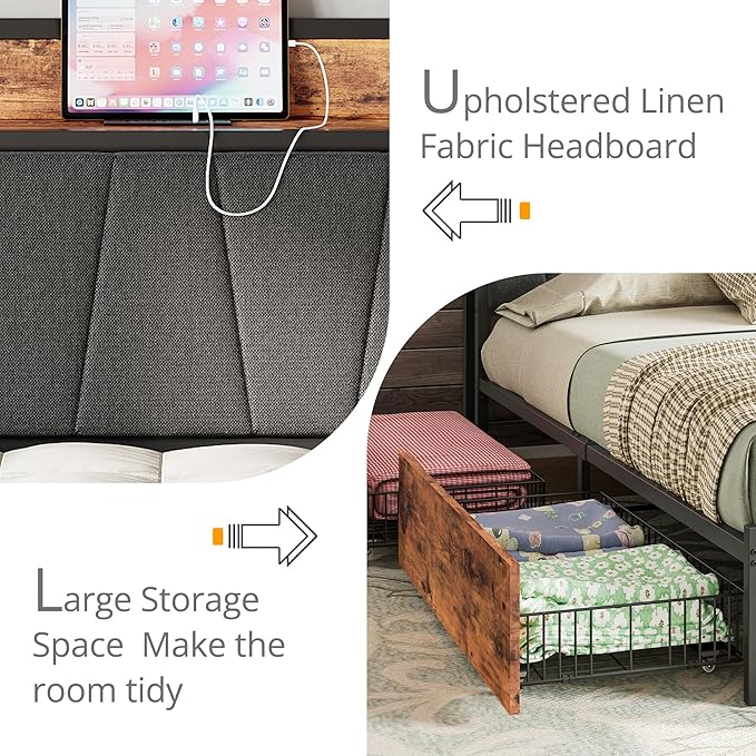 LIKIMIO King Bed Frame with 4 Storage Drawers, Platform Bed with Charged Headboard, Sturdy and Stable, No Noise, No Box Spring Needed, Easy to Install, Vintage Brown and Gray