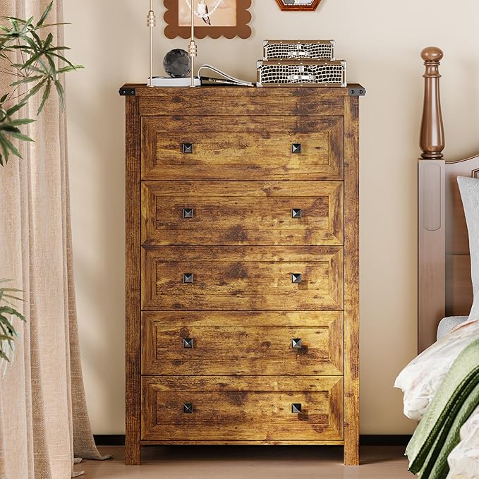 Dresser for Bedroom with 5 Drawers, Tall Wood Chest of Drawers, Modern Farmhouse Closet Clothes Organizer, Storage Tower Cabinet with Metal Handles for Hallway, Living Room, Entryway, Brown