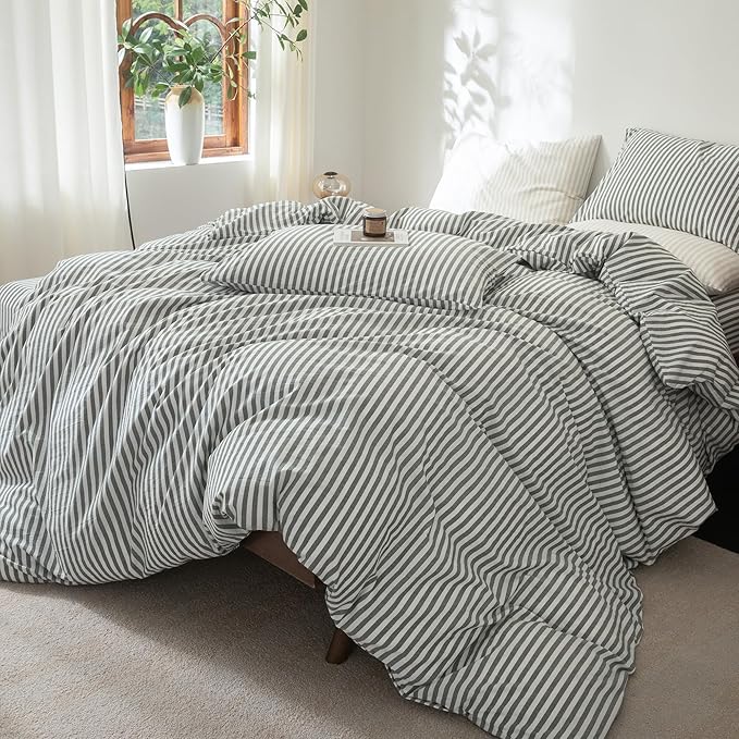 FOSSA Striped Duvet Cover Set 100% Washed Cotton Linen Feel Super Soft Breathable Cozy 3 Pieces Bedding Sets Heathered Green Classic Stripes Queen