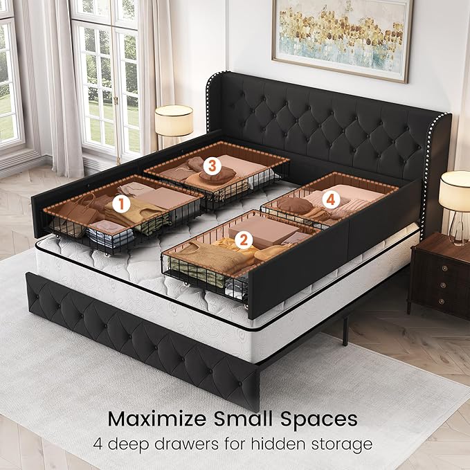 LARMACE King Size Bed Frame with 4 Storage Drawers and Tufted Headboard Velvet Upholstered Platform Bed Frame Wingback Beds with Wooden Slats Support, Easy Assembly, Black