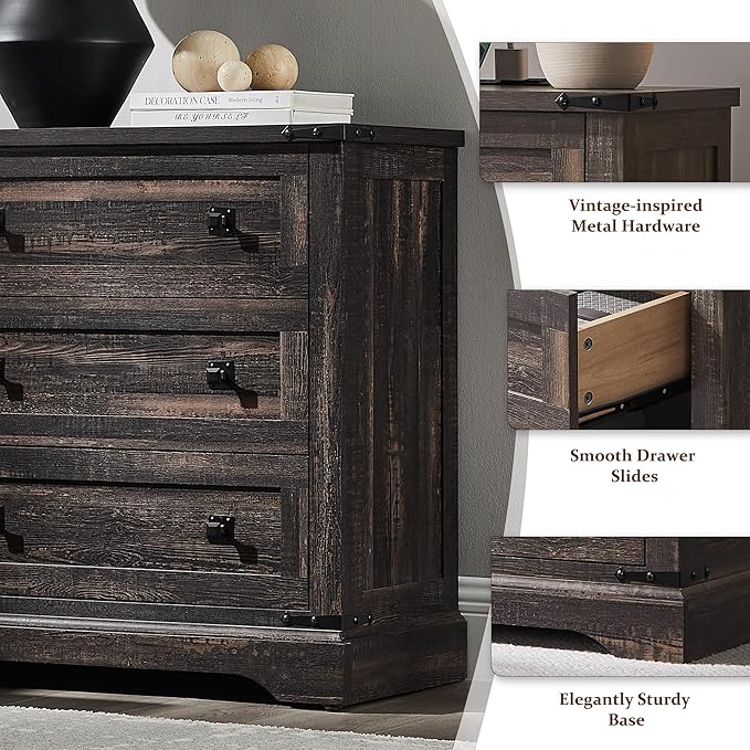 T4TREAM 32" Farmhouse Nightstand with Charging Station, Large End Table with 3 Storage Drawers, Rustic Wood Bedside Table for Bedroom, Living Room, Dark Rustic Oak