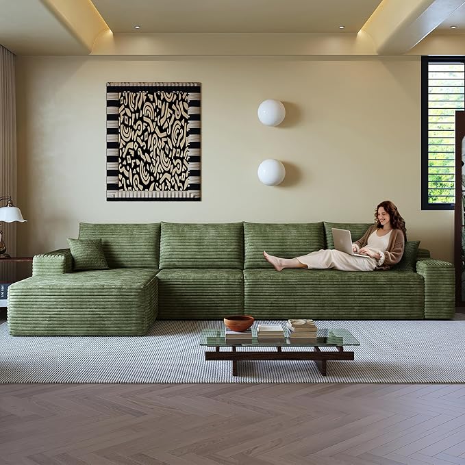 136" Sectional Couches for Living Room Modern Modular Sofa with L-Shape Couchs Upholstered Boneless Couch Deep Seat Sectional Couch with Chaise (Green, Left Facing Chaise+3Seaters)