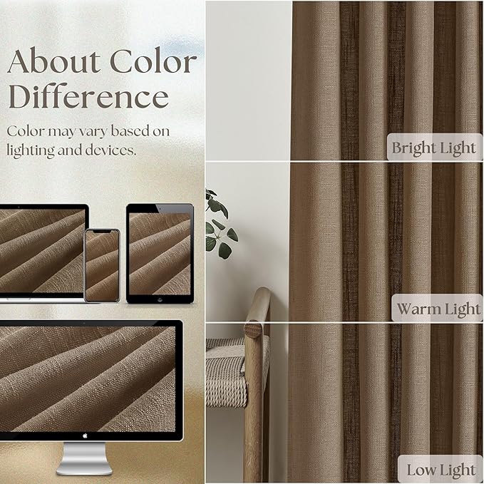 Dutch Cocoa 90 Inch Linen Curtains Pinch Pleated for Living Room Bedroom Dining Boho Brown Light Filtering Pinch Pleat Drapes Hooks Rings Back Tab Semi Sheer Dark Brown Window Curtains 2 Panels