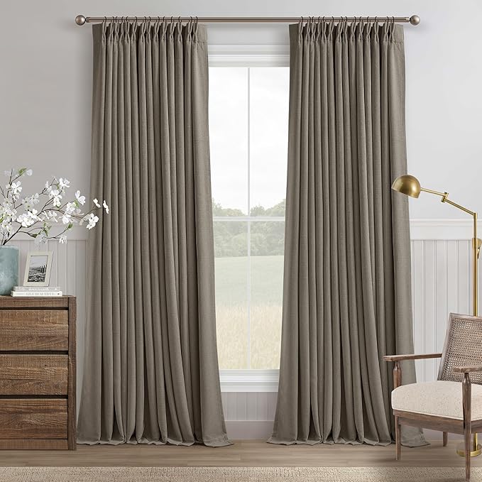 Flax Taupe Pinch Pleated Blackout Curtains 102 Inches Long for Bedroom 100% Black Out Thick Linen Dual Layer Pleated Drapes Farmhouse Country Brownish Gray 102 Inch Curtain for Dining Living Room