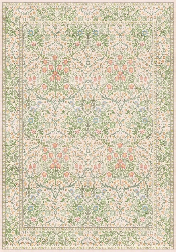 Light Beige Green Botanical Living Room Rug, 7x10 Washable Area Rug for Kids Room, Bedroom, Nursery Room, Living Room, Dining Room, Low Pile Non-Slip - Vintage Design & Fade Resistance