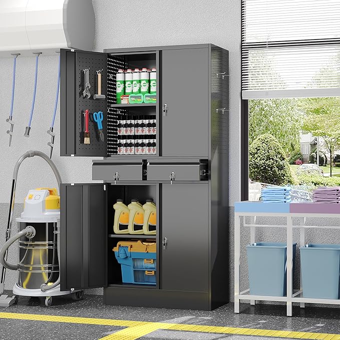 Garage Storage Cabinet, Metal Storage Cabinet with 2 Drawers and 2 Adjustable Shelves, Metal Lockers with Pegboards for Homes, Offices, Kitchens, Schools and Pantries