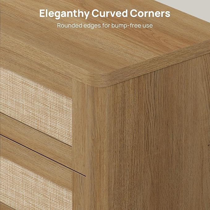 SICOTAS 26.8" Oversized Night Stand for Bedroom & Guest Room, Large 3-Drawer Rattan Nightstand, Boho Bedside Table End Table Storage Cabinet with Kid-Safe Rounded Edges & Push-Close Design, Amber Oak
