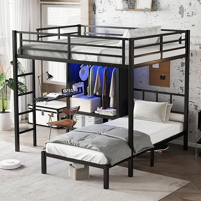Full XL Over Twin Metal Bunk Bed with Folding Desk, Closet with LED,Space-Saving/Noise Reduced, Black