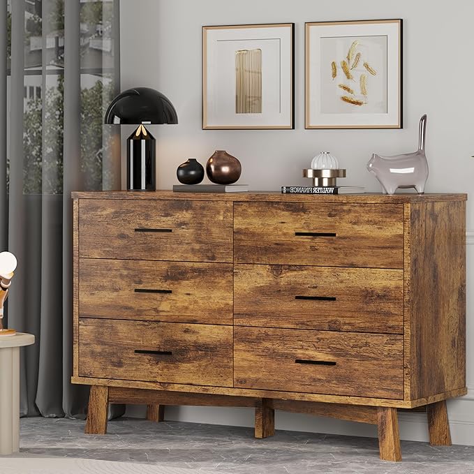 Dresser for Bedroom, 6 Drawer Wide Modern Chest of Drawers with X-Shaped Sturdy Base, Wood Double Dresser Closet Clothes Storage Organizer, Wooden TV Stand for Living Room, Hallway, Brown