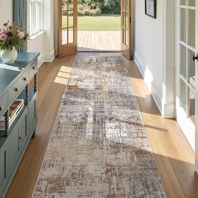 Washable Runner Rug for Hallway: 3x12 Neutral Modern Abstract Low Pile Area Rug with Non-Slip Backing - Carpet for Bedroom Kitchen Laundry Entryway Bathroom Indoor - Grey Brown