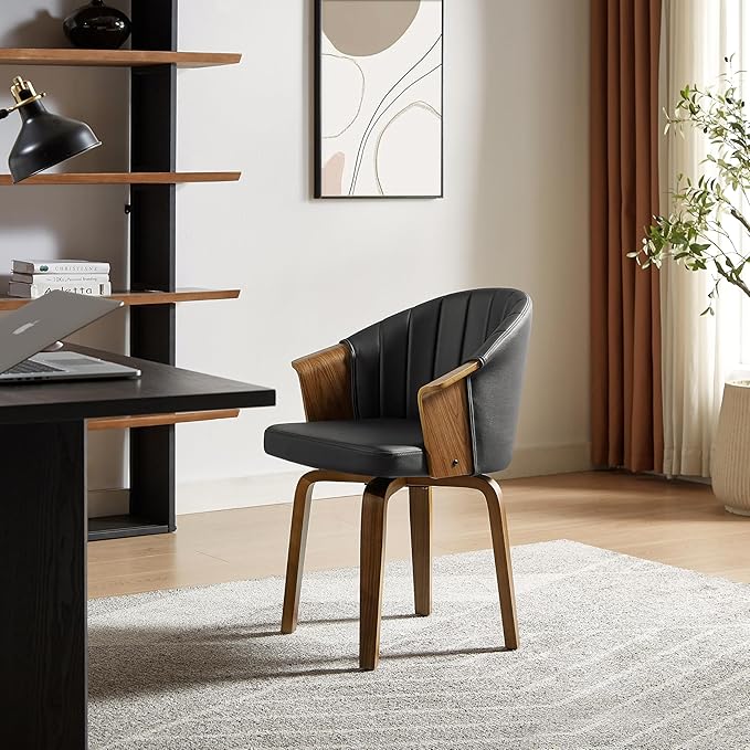 Art Leon Swivel Dining Chairs, Set of 2, Mid Century Modern Faux Leather Upholstered Kitchen Dining Room Chairs, Accent Desk Chairs with Wood Legs, Black/Walnut