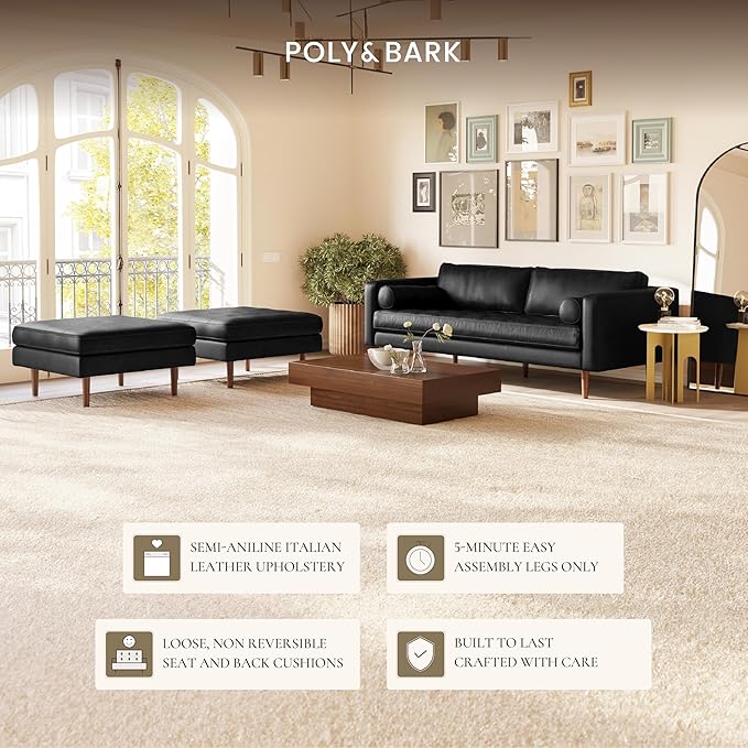 POLY & BARK Napa 88.5" Leather Sofa – Full-Grain Italian-Tanned Aniline Leather, Feather-Down Comfort, Solid Wood Frame, Walnut Legs, Onyx Black