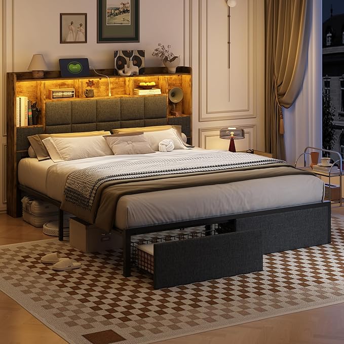 LED Bed Frame Full Size with Bookshelf Headboard, 2 Hidden Storage Drawers, Upholstered Platform Metal Bed Frame with Charging Station, Metal Slats Support, Noise Free, No Box Spring Needed
