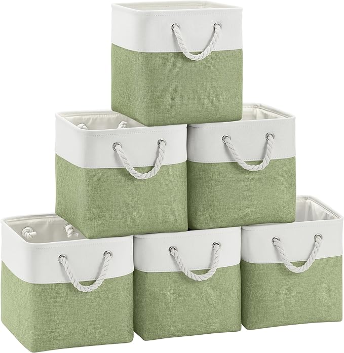 Fabric Cubes Storage Basket, 6 Pack 11x11 in with Handles Cube Storage Bins, for Shelves, Home, Office Organizers (White/ Green)