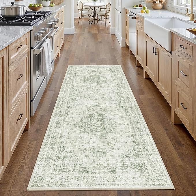 2x6 Hallway Washable Runner Rug Vintage Non-Slip Soft Kitchen Mat Boho Medallion Distressed Farmhouse Carpet Floral Low Pile Indoor Throw Rug for Entryway Bathroom Living Room Bedroom, Green