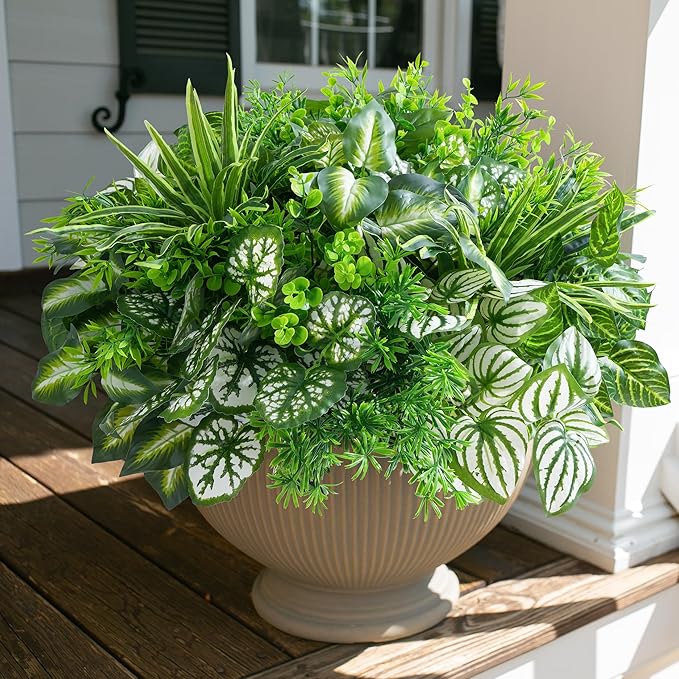 Artificial 20pcs Bunches Greenery Plants Fake Plastic Leaves with Stems UV Resistant Outside Faux Plants Bushes for Outdoor Patio Garden Front Porch Yard Decor