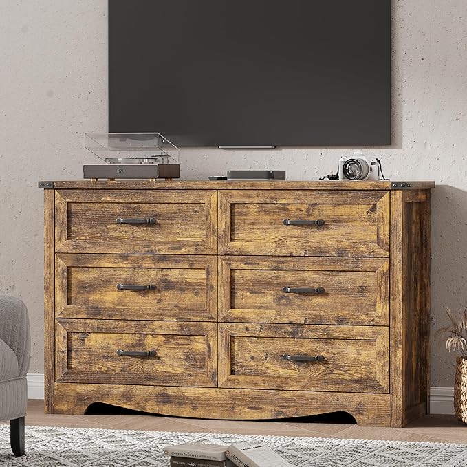 Dresser for Bedroom with 6 Drawers, 48" Wide Wood Chest of Drawers with Deep Drawers & Mental Handle, Wooden Dresser TV Stand, Modern Closet Storage Organizer for Living Room, Hallway, Entryway, Brown
