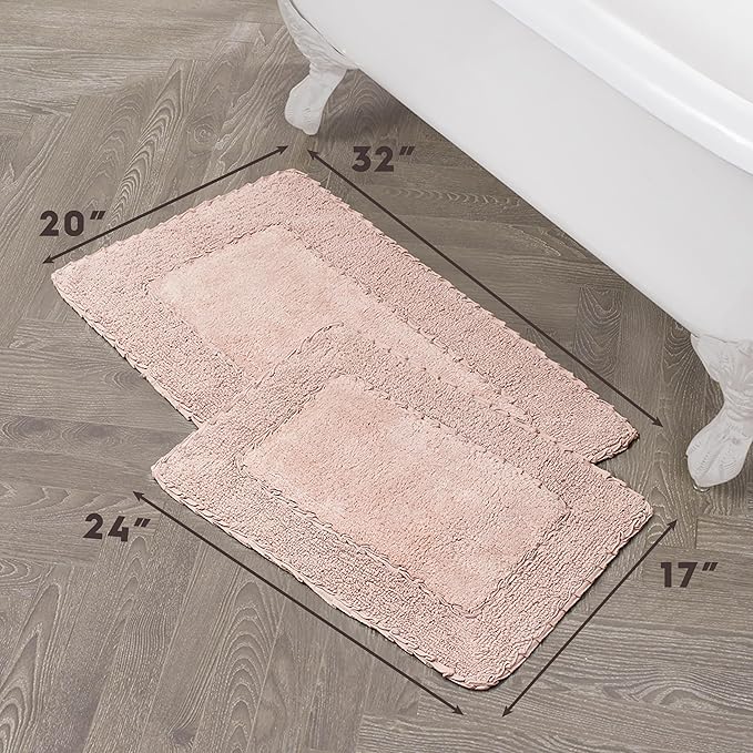 Laura Ashley Ruffle Border 100% Cotton Bath Rug Set, Blush Pink, 17" x 24"/ 20" x 32"