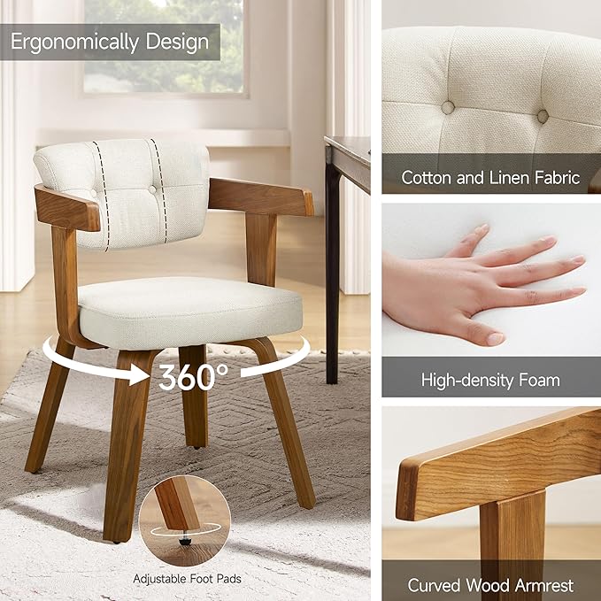 Art Leon Office Chair No Wheels - Mid Century Modern Desk Chair, Fabric Upholstered Accent Arm Chair with Wood Legs for Small Spaces Home Office Living Room Bedroom Study, Off White/Walnut