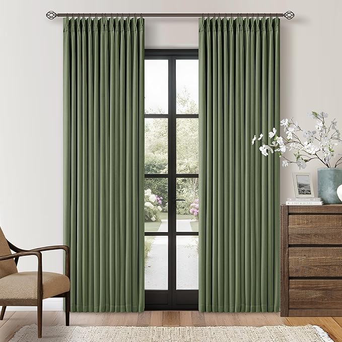 80 Inch Olive Green Linen Blackout Curtains for Living Room 100% Black Out Pinch Pleat Hooks for Living Room Back Tab Thick Linen Textured Pleated Drapes Light Blocking Loden Bedroom Window Curtains