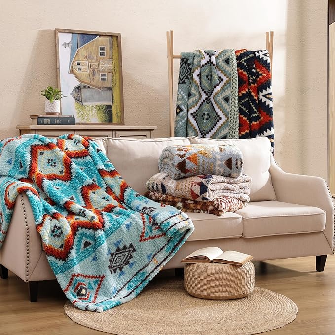 CASAAGUSTO Boho Sherpa Throw Blanket, Aztec King Size Blanket, Ultra Soft, Warm, Cozy, Plush, Thick Fleece Bohemian Throw Blanket for Couch, Bed, Sofa (Aqua 108 * 90 Inch)