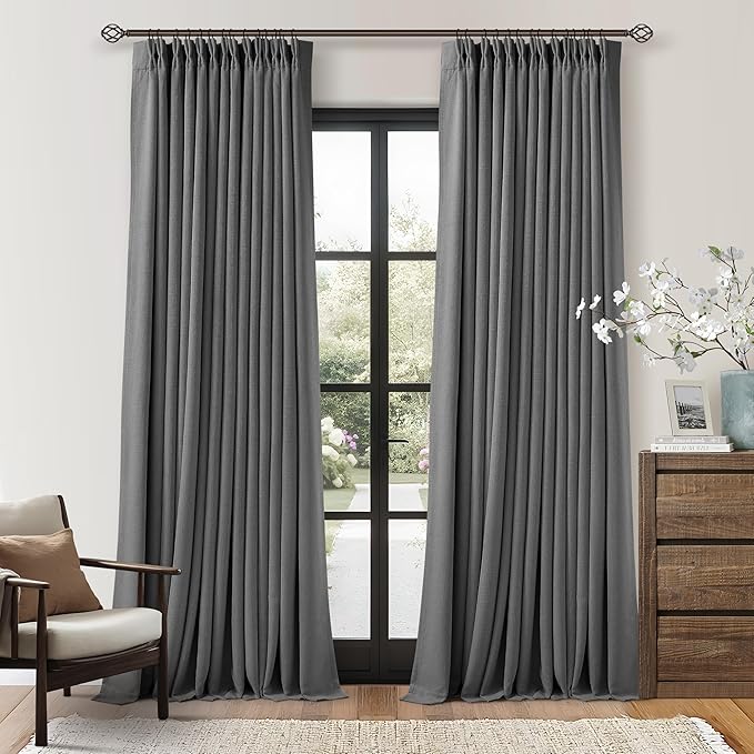 Dark Grey 100 Inch Blackout Pinch Pleated Curtains 2 Panel Set for Living Room Darkening Thick Linen Textured 100% Black Out Drapes 100 Inches Long Pinch Pleat Light Blocking Bedroom Charcoal Gray