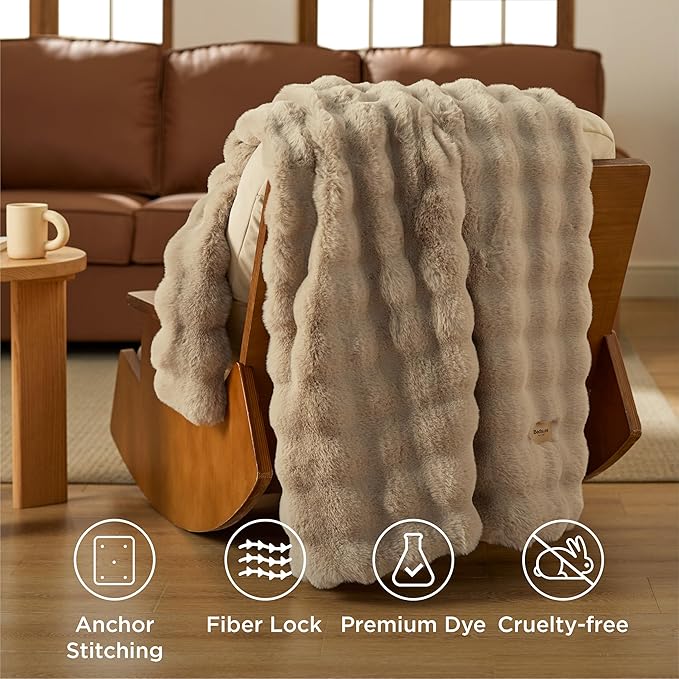 Bedsure GentleSoft Fluffy Faux Fur Throw Blanket, Fuzzy Soft Bubble Blanket for Couch, Faux Fur Decor for Home Bedroom Living Room, Thick Furry Cozy Gifts for Women, Beige, 50x60 Inch